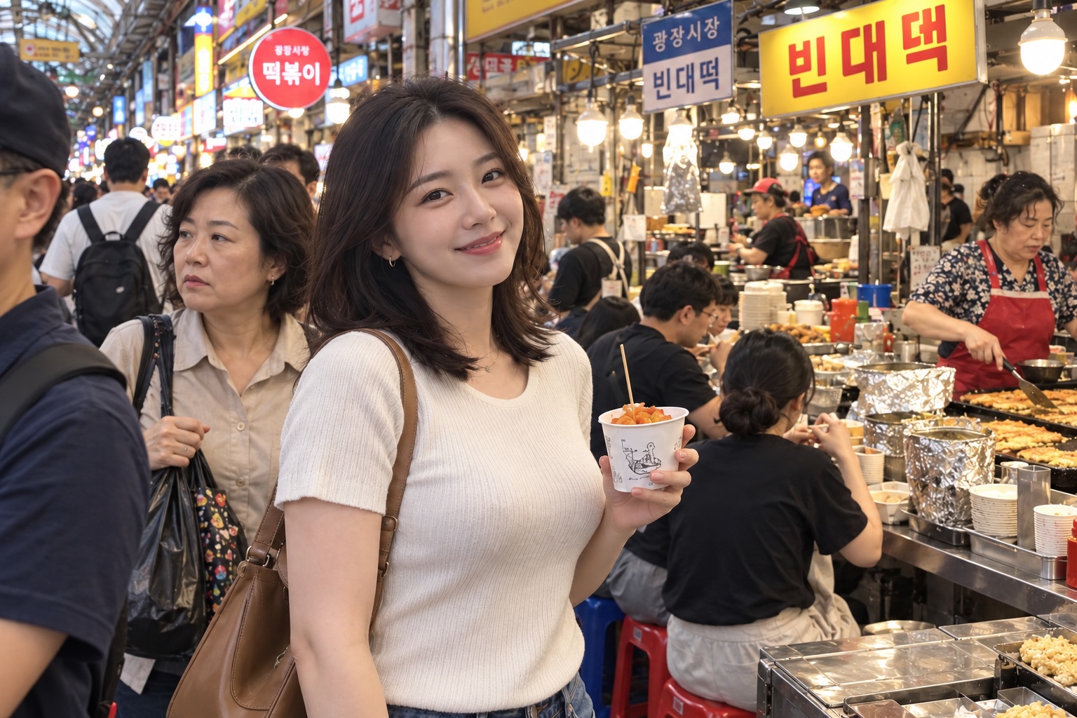 붐비는 한국 시장에서 여성 여행자를 찍은 사진에 행인과 가게 상인이 함께 담긴 인공지능 생성 사진